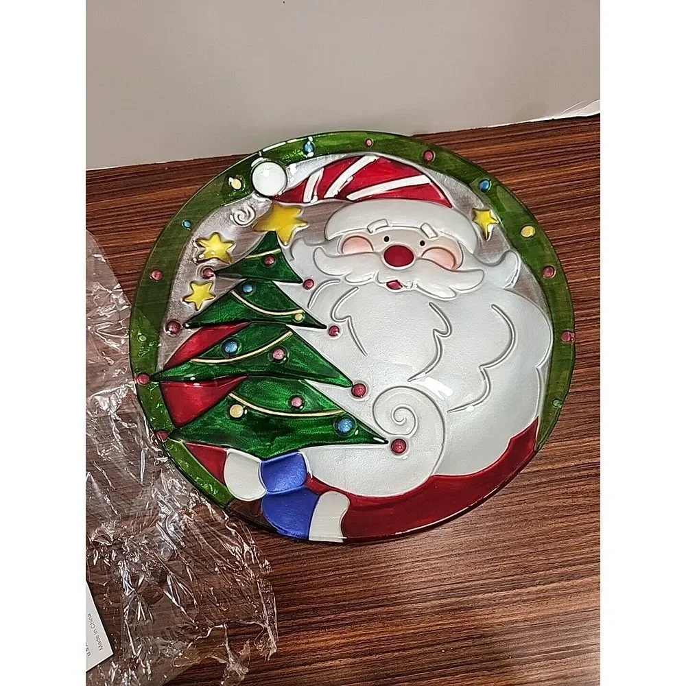 Beautiful Costco Christmas Santa Art Glass Fused Glass Round Serving Plate 13 In